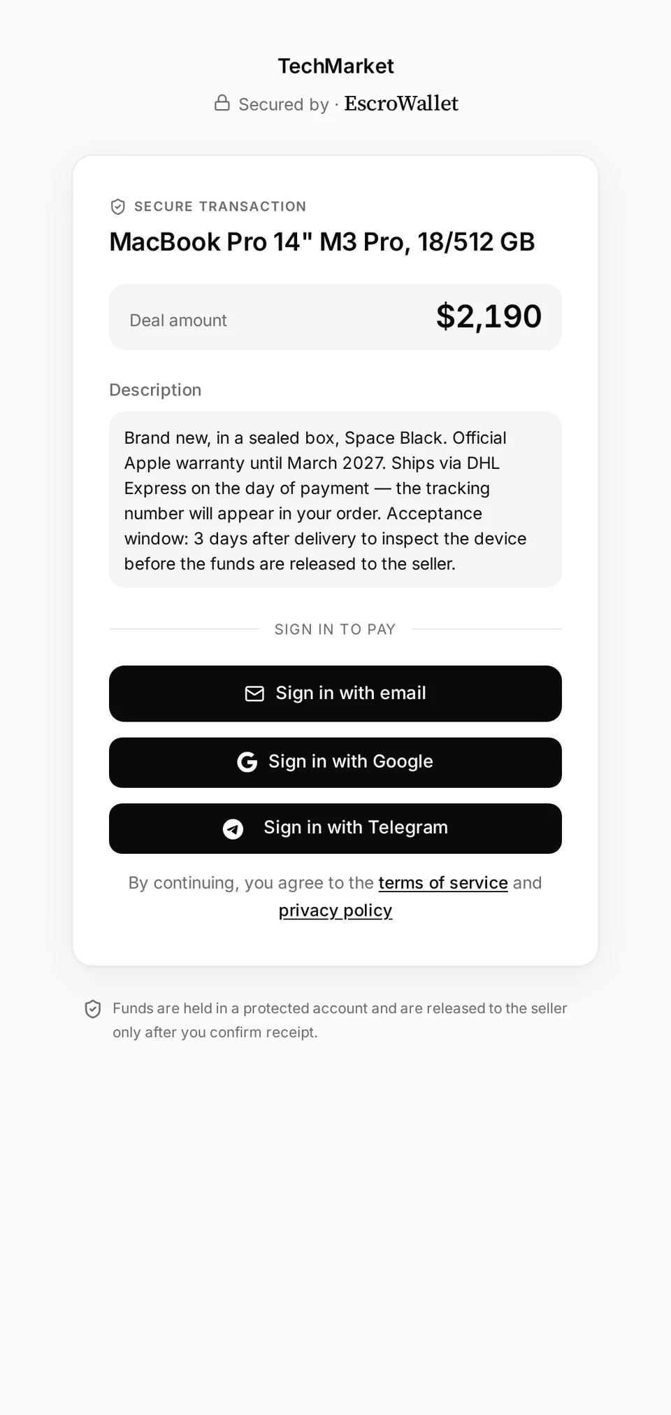 EscroWallet payment widget on an online store's website: a $2,190 deal with description and acceptance terms
