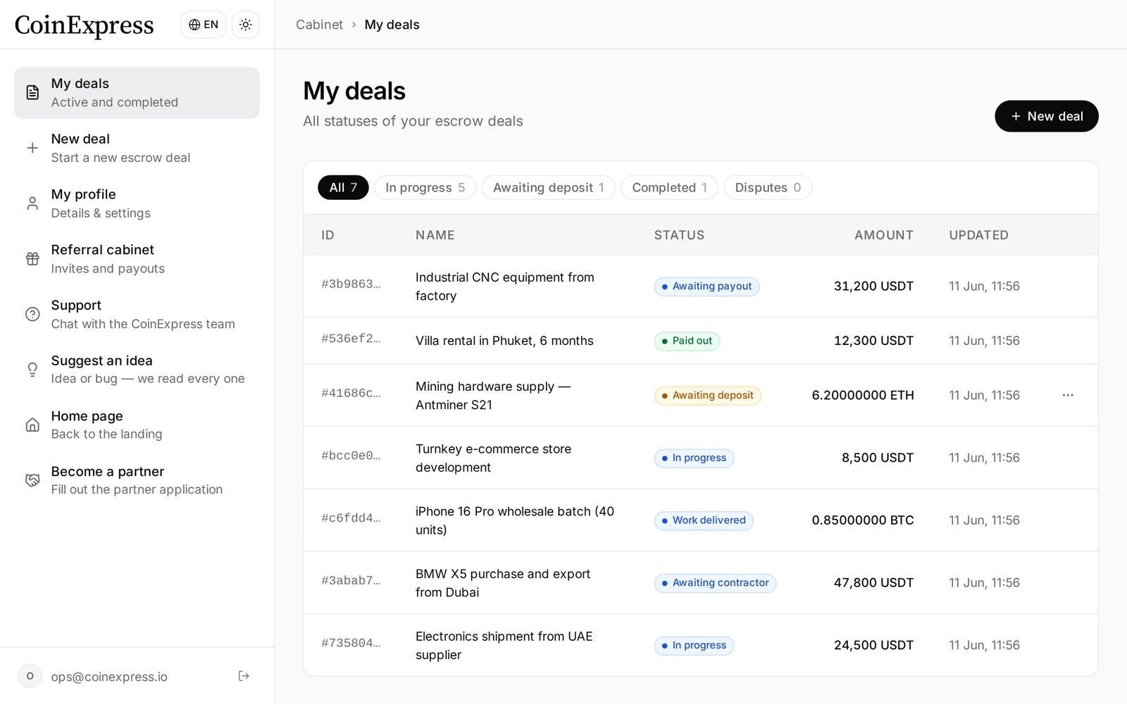 White label escrow dashboard under an exchange service's brand: list of deals in USDT, BTC and ETH